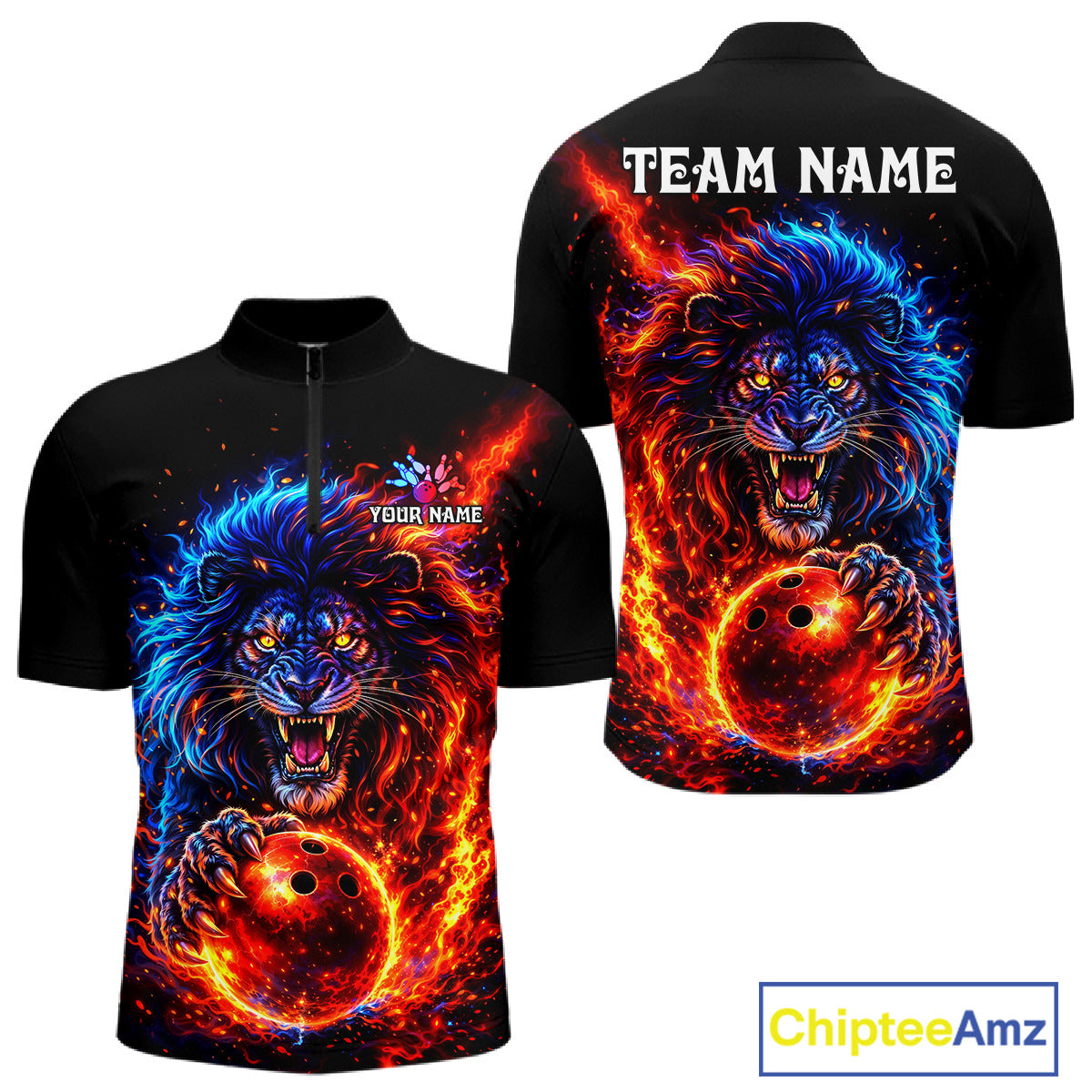 Red and Blue Flame Lion Bowling Shirts For Men Custom Fire Lion Team Bowling jersey NQS11347
