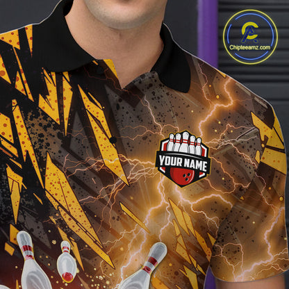 Black and Yellow Camo Lightning Thunder Bowling Shirts For Men Custom Bowling Team Jerseys NQS11153