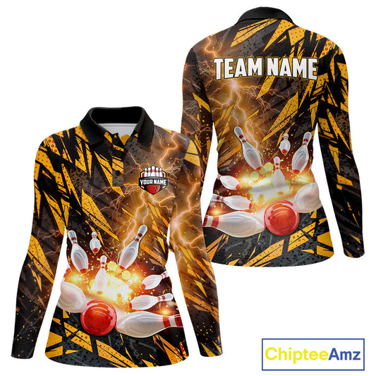 Black and Yellow Camo Lightning Thunder Bowling Shirts For Women Custom Bowling Team Jerseys NQS11153