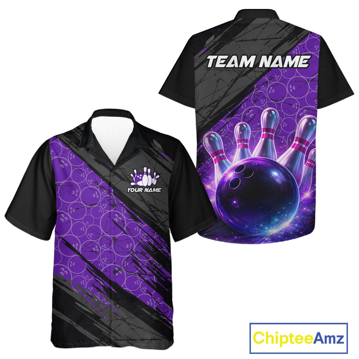 Black and Purple Bowling Camo Button-up Shirt Custom Hawaiian Bowling Team League Jerseys NQS11700