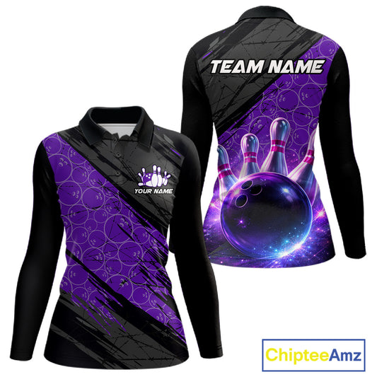 Black and Purple Bowling Camo Polo, 1/4 Zip Shirts for Women Custom Bowling Team League Jerseys NQS11700