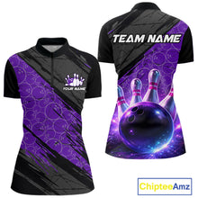 Load image into Gallery viewer, Black and Purple Bowling Camo Polo, 1/4 Zip Shirts for Women Custom Bowling Team League Jerseys NQS11700
