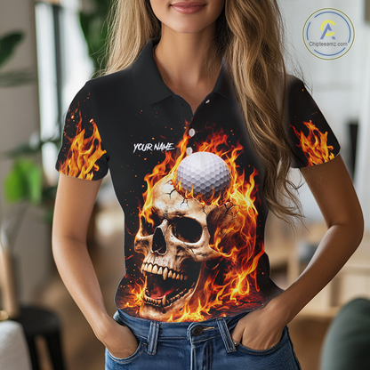 Flame Skull Golf Polo shirts for Women custom Skull Fire team golf shirts, golf gifts for ladies NQS11576