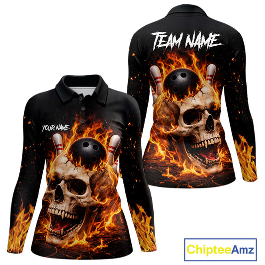 Flame Skull Bowling Polo, 1/4 zip shirts for Women custom Skull team Bowling uniforms league jerseys NQS11577