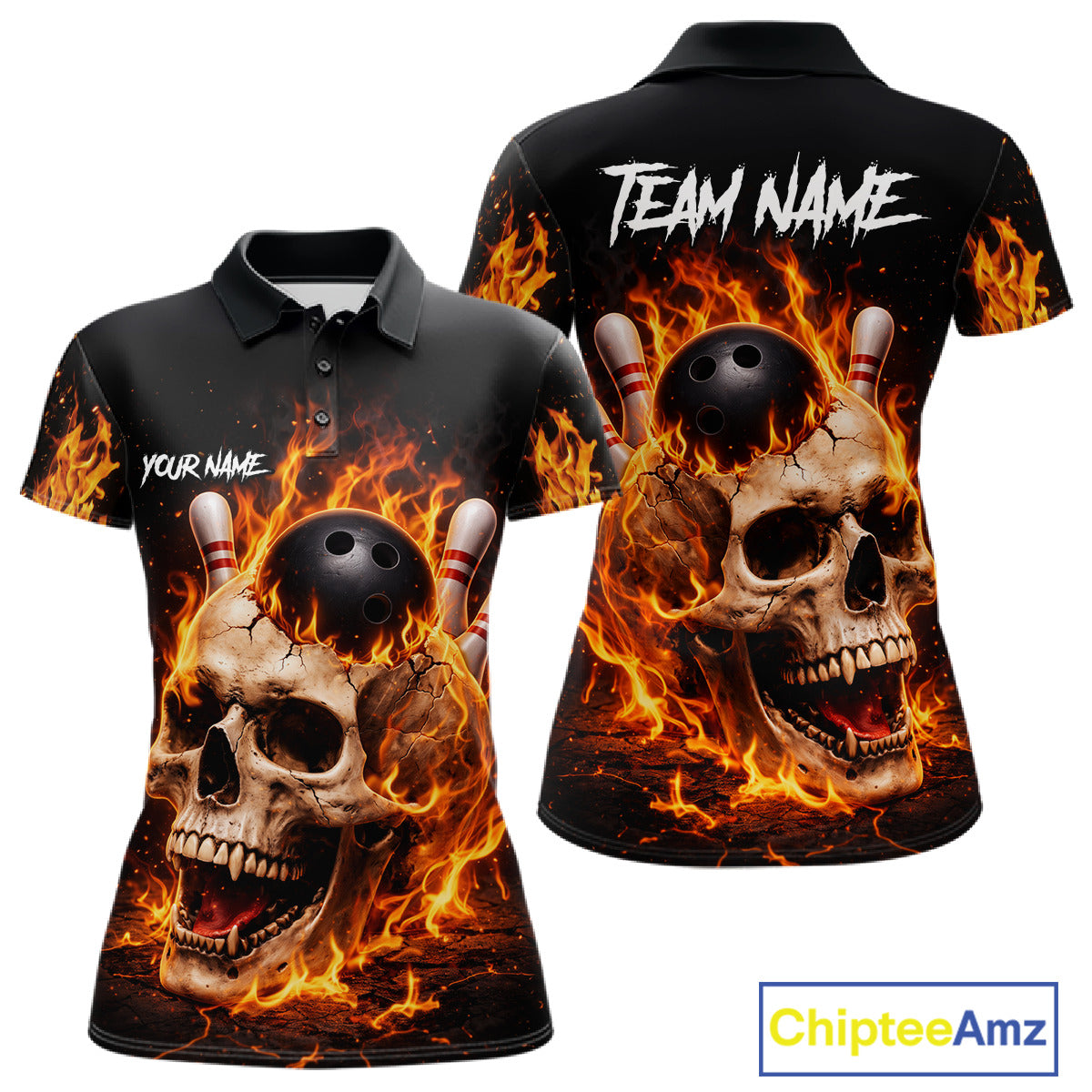 Flame Skull Bowling Polo, 1/4 zip shirts for Women custom Skull team Bowling uniforms league jerseys NQS11577