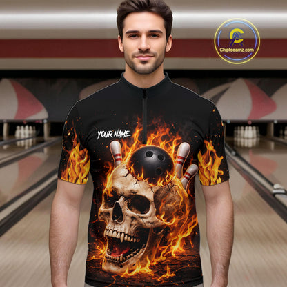 Flame Skull Bowling Polo, 1/4 zip shirts for men custom Skull team Bowling uniforms league jerseys NQS11577
