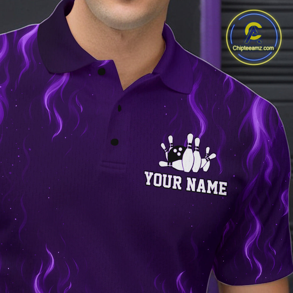 Purple flame lightning thunder Bowling polo, quarter zip shirts for men custom Bowling team jerseys NQS10980