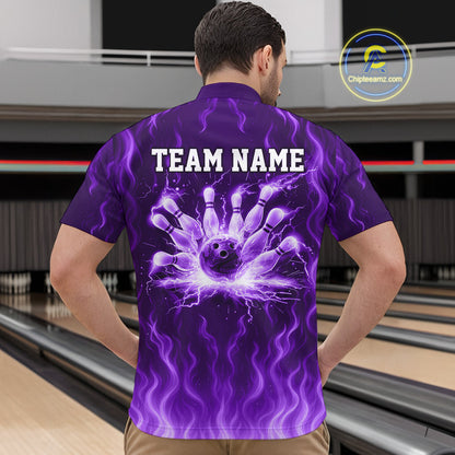 Purple flame lightning thunder Bowling polo, quarter zip shirts for men custom Bowling team jerseys NQS10980