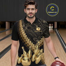 Load image into Gallery viewer, Custom Black and Gold tribal pattern Bowling Polo, 1/4 zip Shirts For Men, Team Bowling League jersey NQS11591