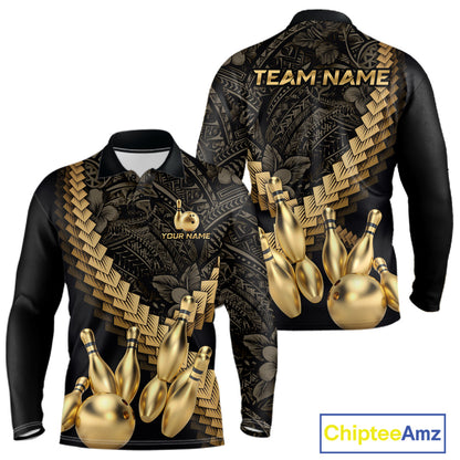 Custom Black and Gold tribal pattern Bowling Polo, 1/4 zip Shirts For Men, Team Bowling League jersey NQS11591