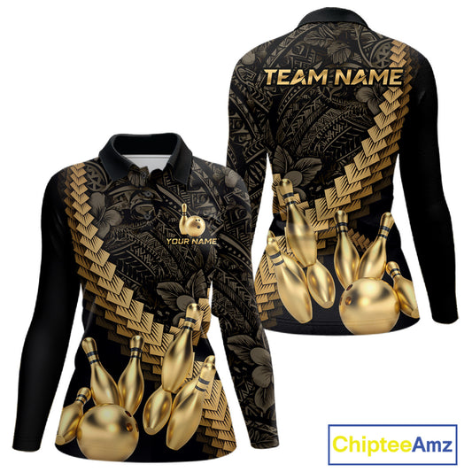 Custom Black & Gold tribal pattern Bowling Polo, 1/4 zip Shirts For Women, Team Bowling League jersey NQS11591