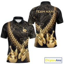 Load image into Gallery viewer, Custom Black and Gold tribal pattern Bowling Polo, 1/4 zip Shirts For Men, Team Bowling League jersey NQS11591