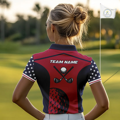 Personalized Red, white & blue US flag Women golf polo shirts custom patriotic golf attire for ladies NQS11387
