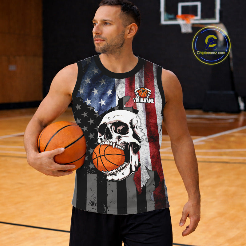 Personalized Skull Basketball Shirts Custom Team's Name American Flag Cool basketball player Jersey NQS11391