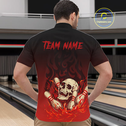 Red Skull Bowling Shirts With Flames custom quarter zip, polo team jerseys, bowling jerseys men NQS10998