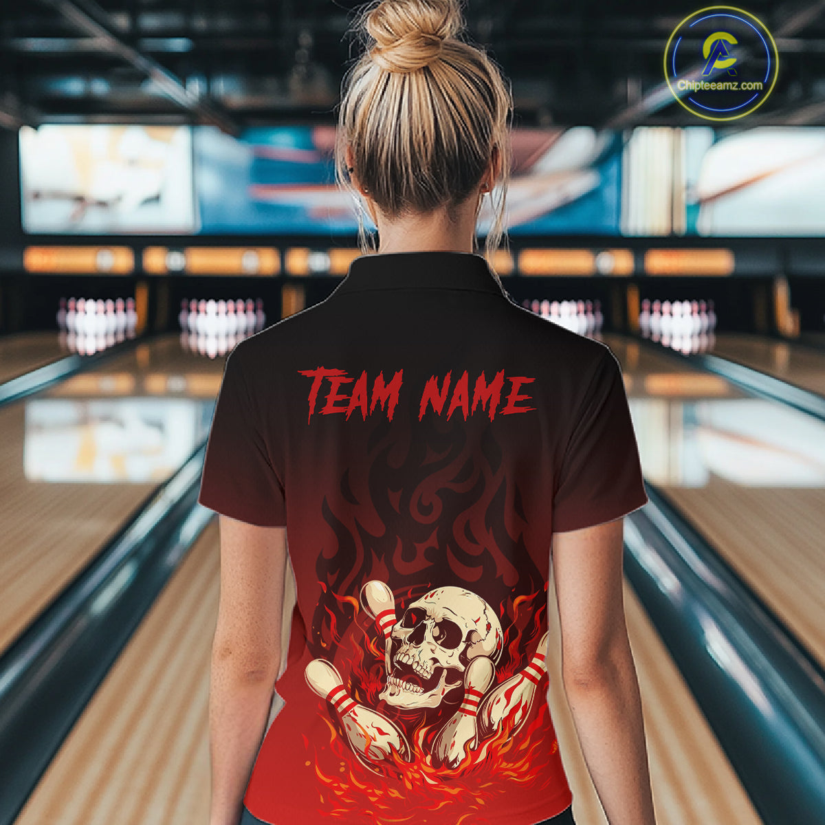 Red Skull Bowling Shirts With Flames custom quarter zip, polo team jerseys, bowling jerseys Women NQS10998