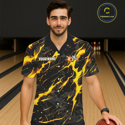 Custom Black & Gold Lightning Thunder Lion Bowling Hawaiian Shirts, Lion Team Bowling League Jerseys NQS11600