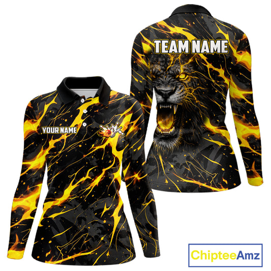 Custom Black & Gold Lightning Thunder Lion Bowling Shirts for Women, Lion Team Bowling League Jerseys NQS11600