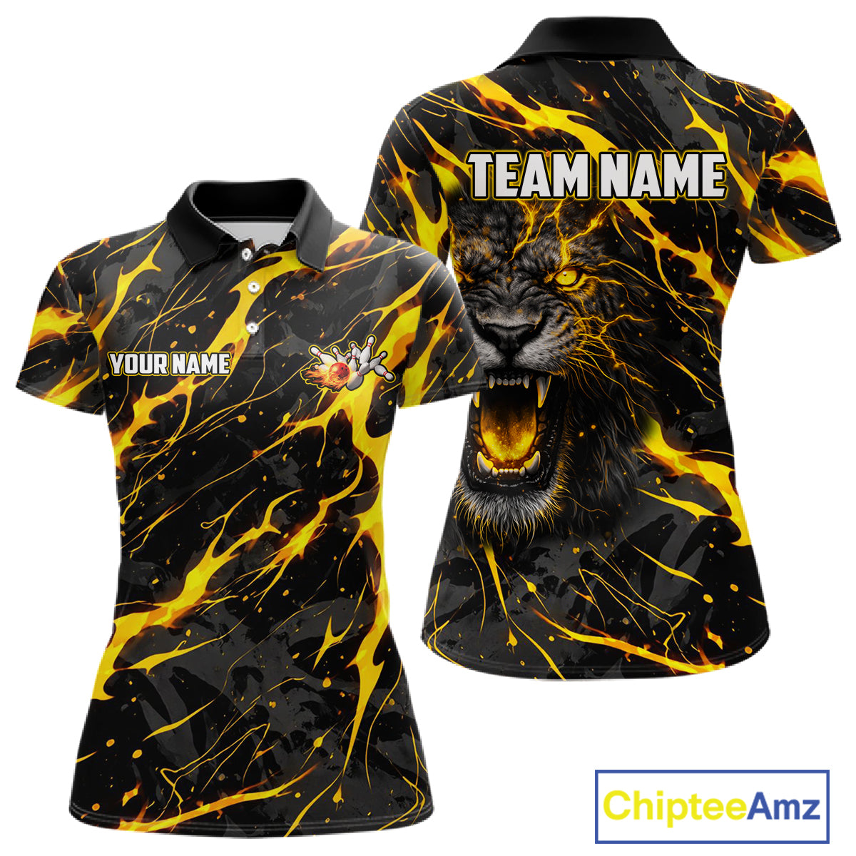 Custom Black & Gold Lightning Thunder Lion Bowling Shirts for Women, Lion Team Bowling League Jerseys NQS11600