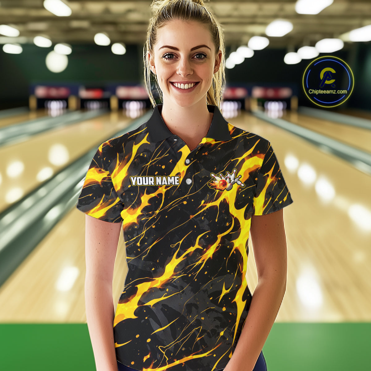 Custom Black & Gold Lightning Thunder Lion Bowling Shirts for Women, Lion Team Bowling League Jerseys NQS11600