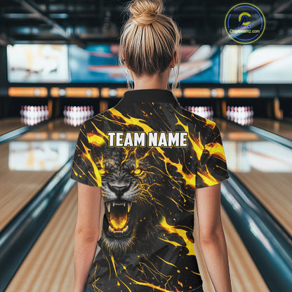 Custom Black & Gold Lightning Thunder Lion Bowling Shirts for Women, Lion Team Bowling League Jerseys NQS11600