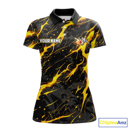 Custom Black & Gold Lightning Thunder Lion Bowling Shirts for Women, Lion Team Bowling League Jerseys NQS11600