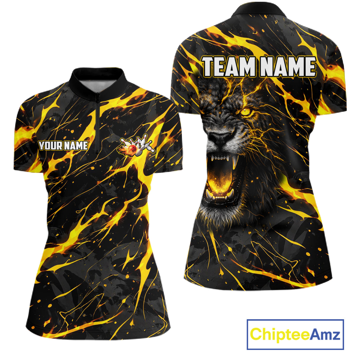 Custom Black & Gold Lightning Thunder Lion Bowling Shirts for Women, Lion Team Bowling League Jerseys NQS11600