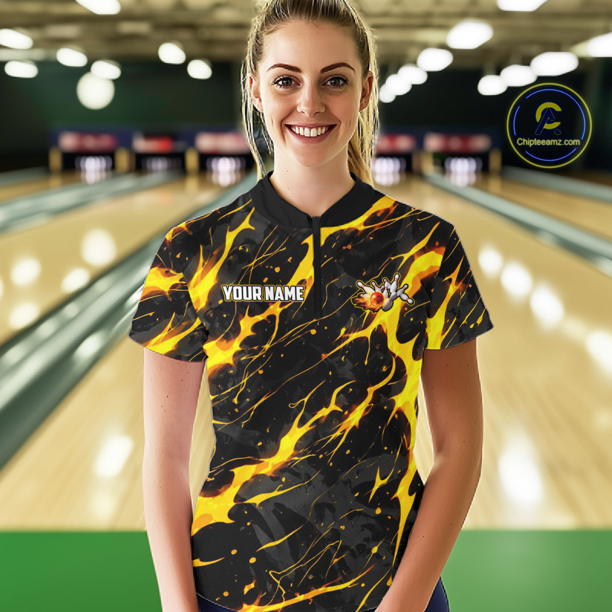 Custom Black & Gold Lightning Thunder Lion Bowling Shirts for Women, Lion Team Bowling League Jerseys NQS11600