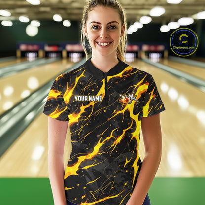Custom Black & Gold Lightning Thunder Lion Bowling Shirts for Women, Lion Team Bowling League Jerseys NQS11600