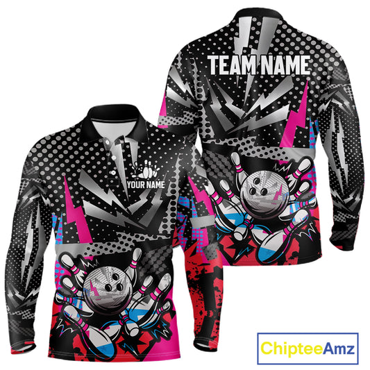 Colorful Lightning pattern Bowling Polo, Quarter Zip Shirts For Men Custom Team Bowling Jerseys NQS11202