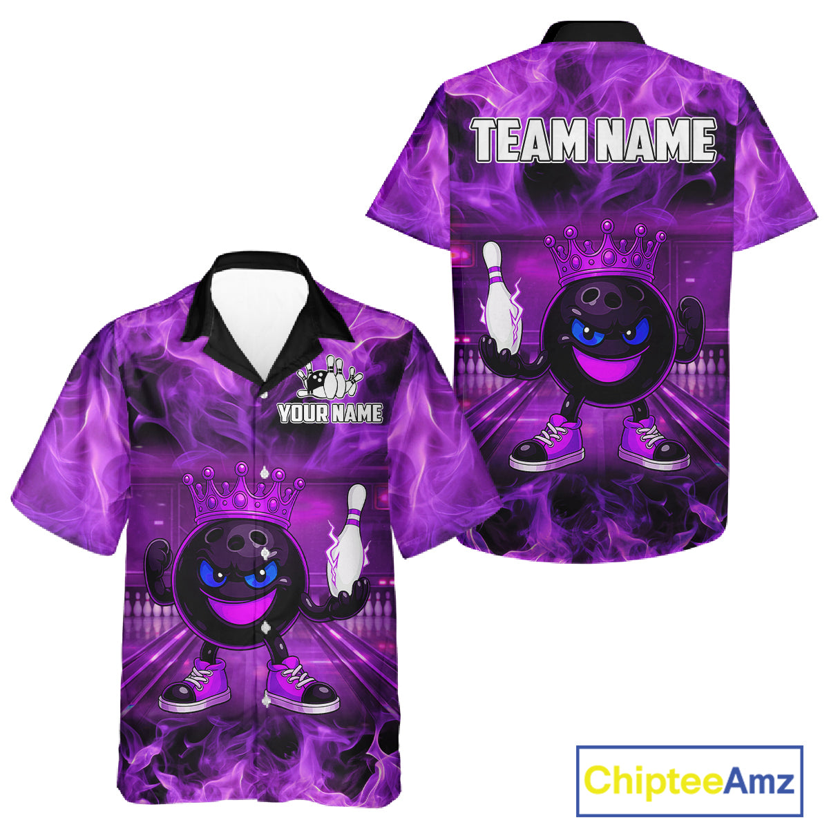 Funny Crown Bowling Purple Flame Bowling Button-up Shirt Custom Hawaiian Bowling Team Jersey NQS11721