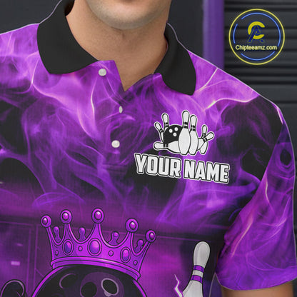 Funny Crown Bowling Purple Flame Bowling Polo, Quarter Zip Shirt For Men Custom Bowling Team Jersey NQS11721