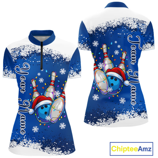 Blue and White snowflake Christmas Bowling Shirts For Women custom Xmas bowling team jersey with name NQS11026