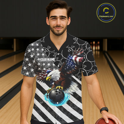 Black & White American flag Eagle Button-up bowling shirt custom Patriotic Bowling Team League Jersey NQS11424