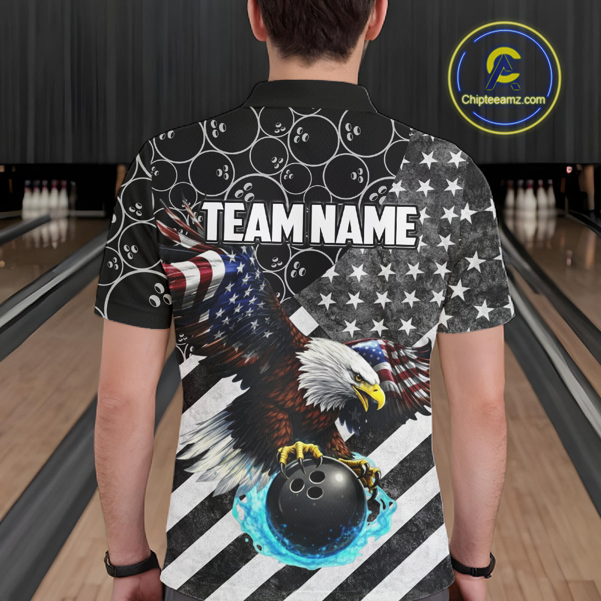 Black and White American flag Eagle Bowling shirt for men custom Patriotic Bowling Team League Jersey NQS11424
