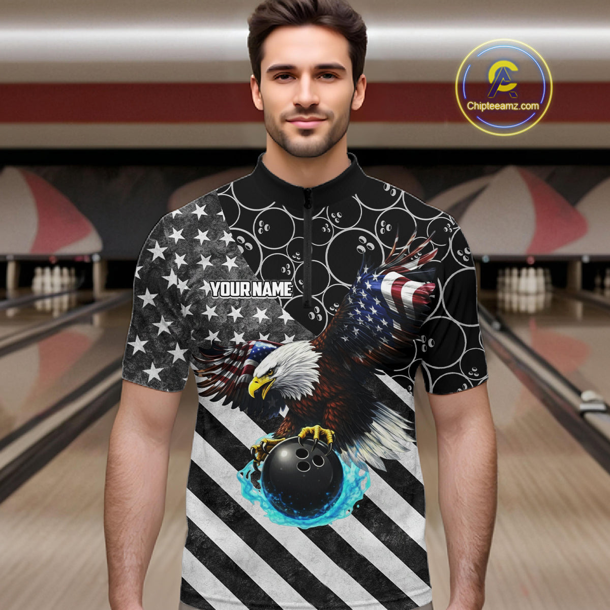 Black and White American flag Eagle Bowling shirt for men custom Patriotic Bowling Team League Jersey NQS11424