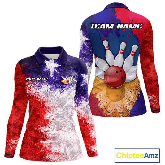 Custom Texas Flag Bowling Polo, 1/4 zip Shirts For Women, Patriotic Texas Bowling Team League Jerseys NQS11626