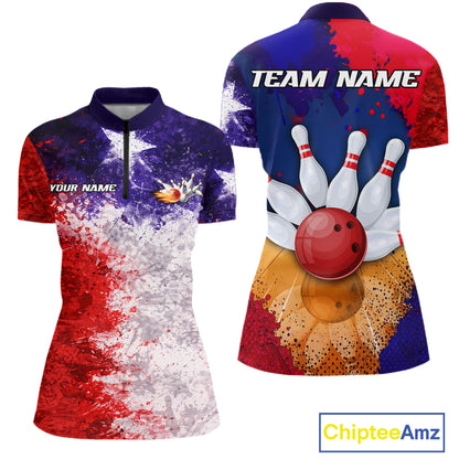 Custom Texas Flag Bowling Polo, 1/4 zip Shirts For Women, Patriotic Texas Bowling Team League Jerseys NQS11626