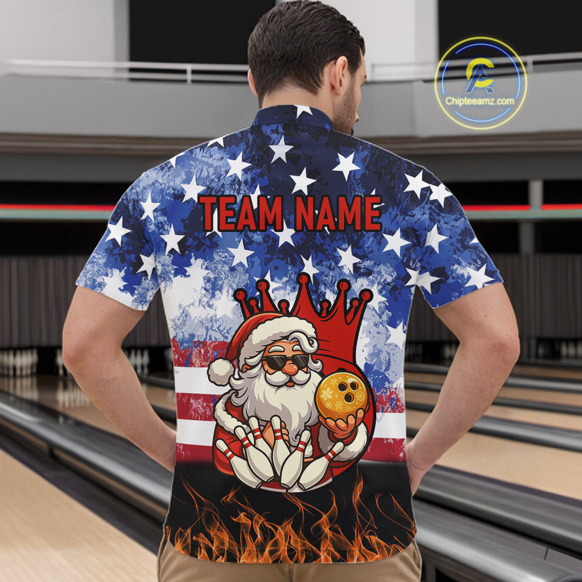 Custom American Flag Flame Funny Santa Christmas Bowling Shirts For Men, Bowling Team Jersey NQS11040