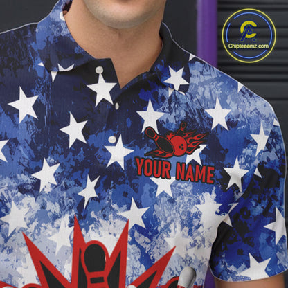 Custom American Flag Flame Bowling Polo, Quarter Zip Shirts For Men, Patriotic Bowling Team Jersey NQS11041