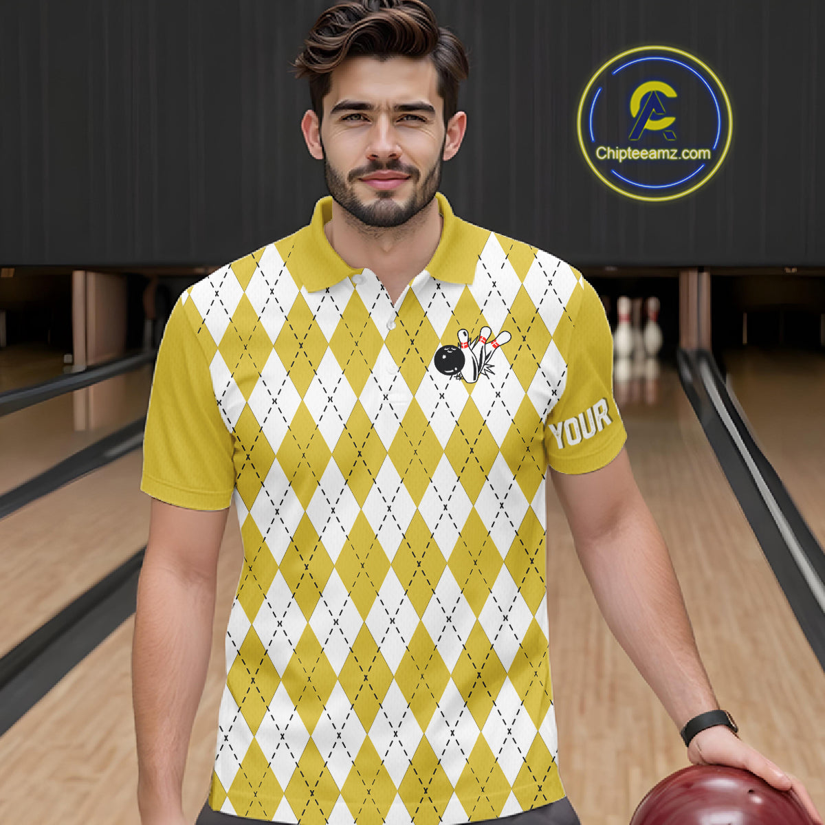 Yellow argyle pattern Beer Bowling Shirts For Men Custom My drinking team has a bowling problem NQS10862