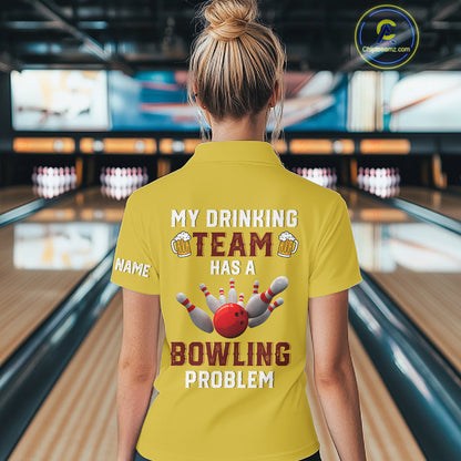 Yellow argyle pattern Beer Bowling Shirts For Women Custom My drinking team has a bowling problem NQS10862