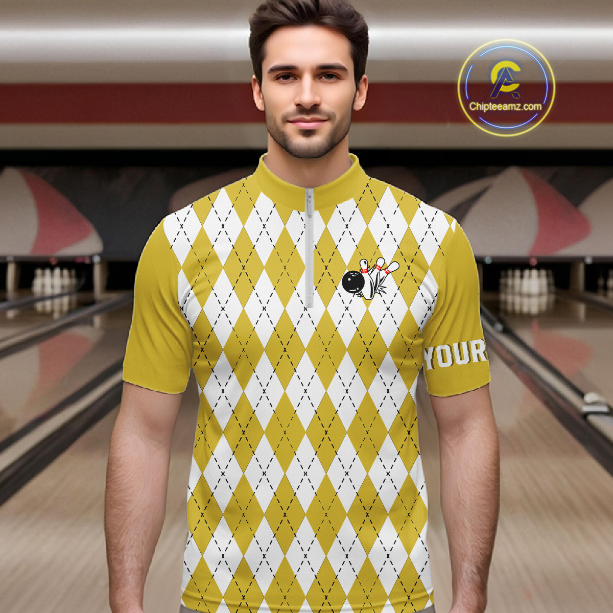 Yellow argyle pattern Beer Bowling Shirts For Men Custom My drinking team has a bowling problem NQS10862