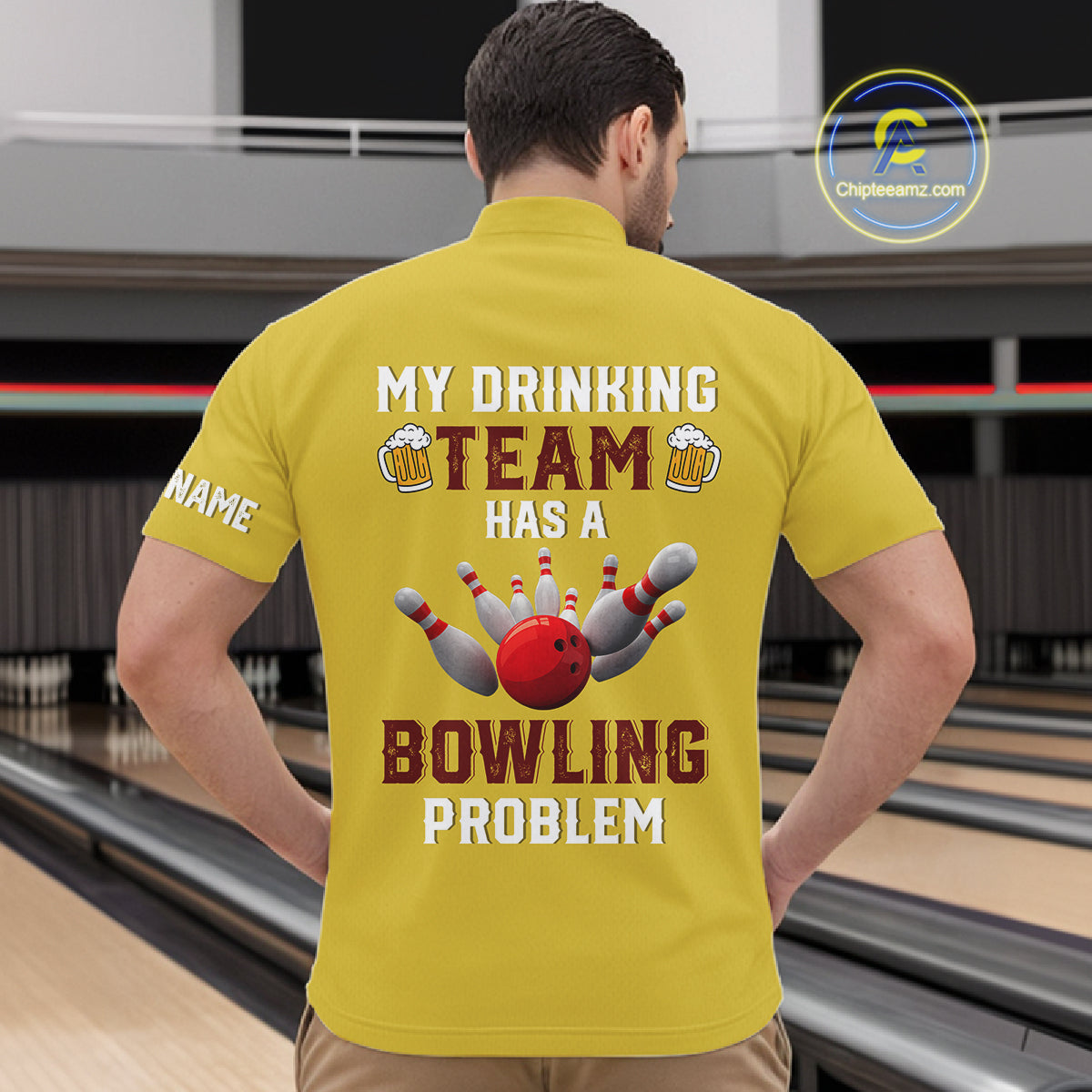 Yellow argyle pattern Beer Bowling Shirts For Men Custom My drinking team has a bowling problem NQS10862