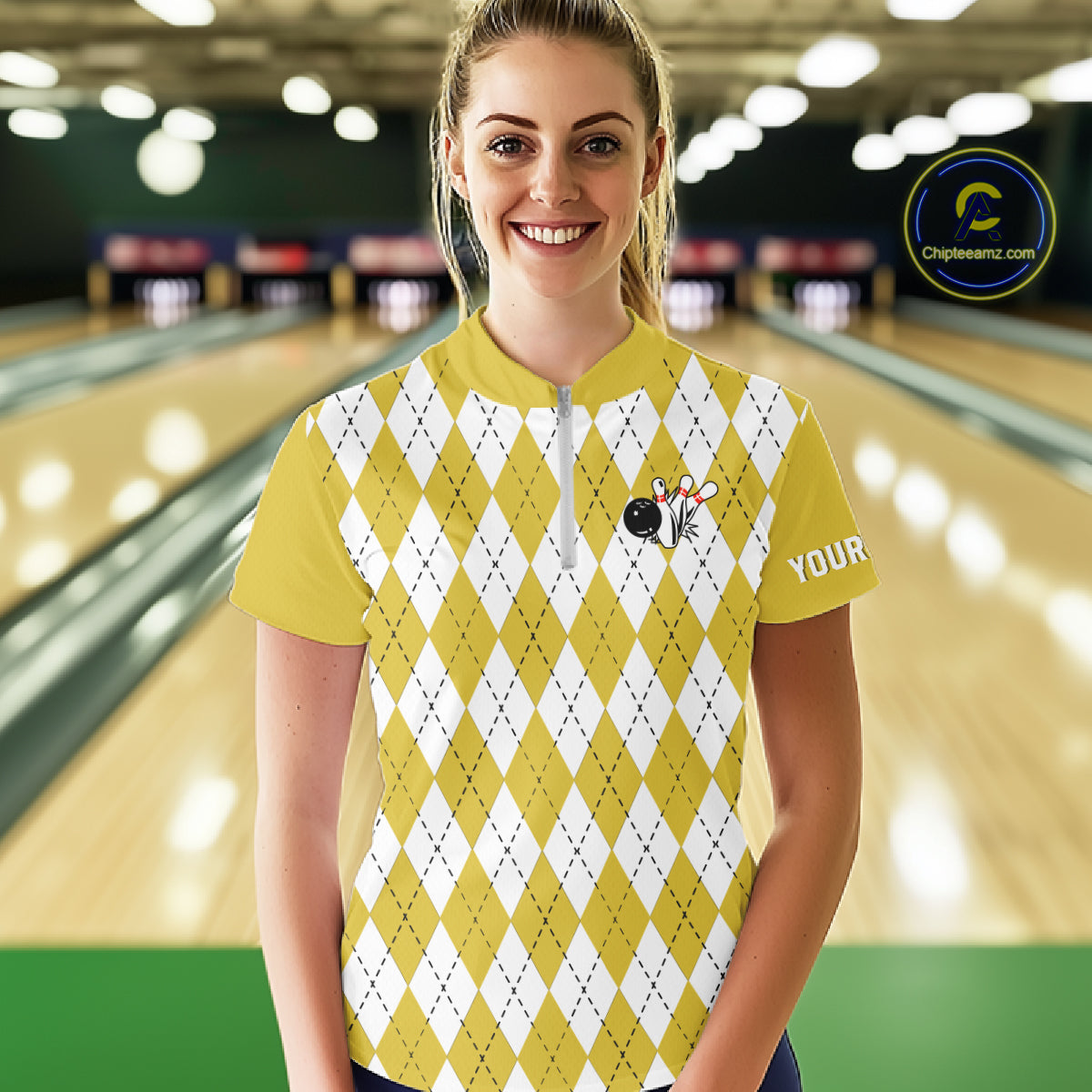 Yellow argyle pattern Beer Bowling Shirts For Women Custom My drinking team has a bowling problem NQS10862