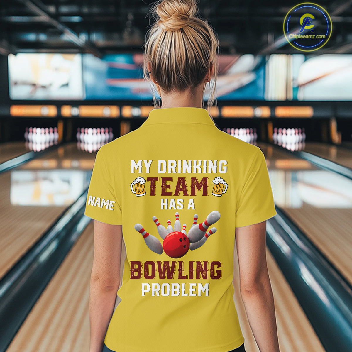 Yellow argyle pattern Beer Bowling Shirts For Women Custom My drinking team has a bowling problem NQS10862