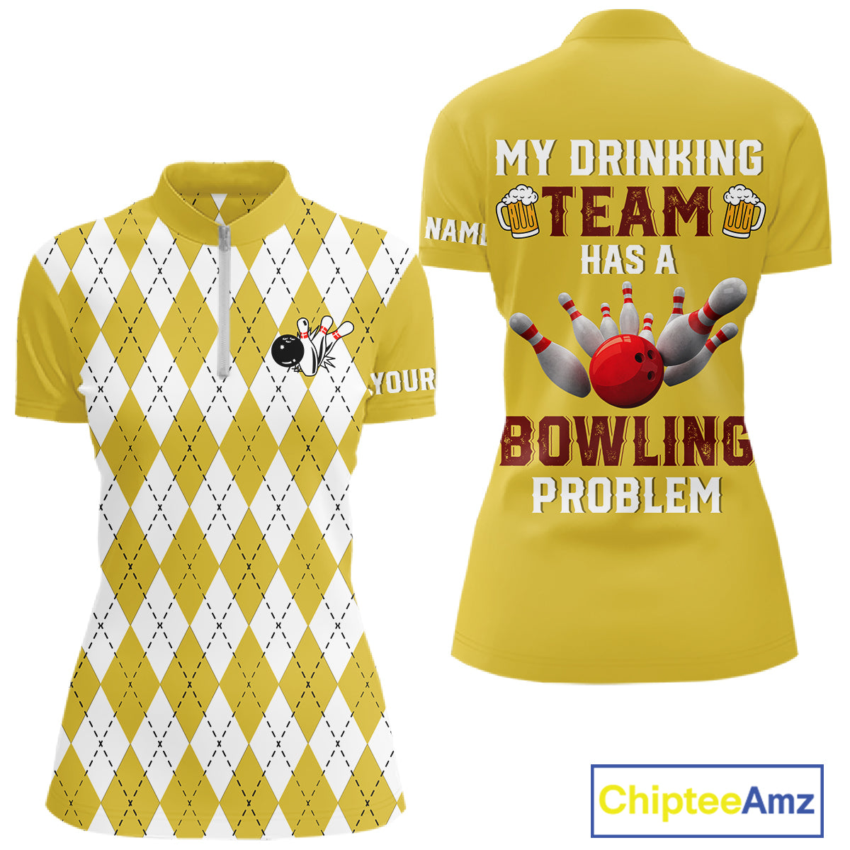 Yellow argyle pattern Beer Bowling Shirts For Women Custom My drinking team has a bowling problem NQS10862