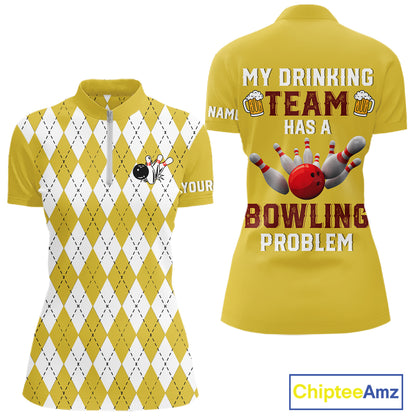 Yellow argyle pattern Beer Bowling Shirts For Women Custom My drinking team has a bowling problem NQS10862