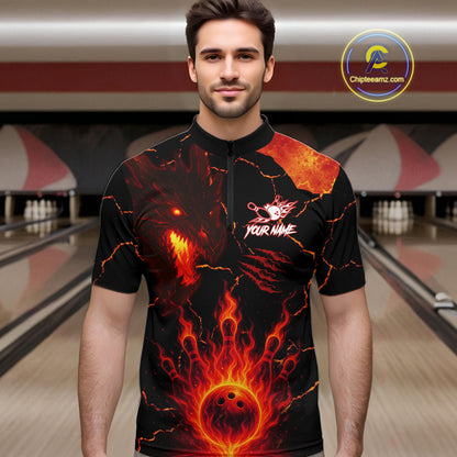 Dragon Flame Bowling Polo, Quarter Zip Shirts For Men Custom Dragon Bowling Team Jerseys NQS11049