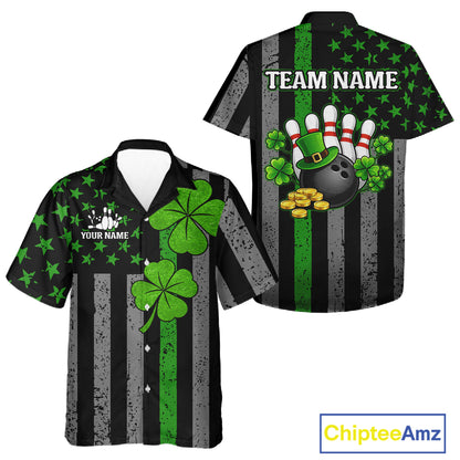 Custom Black Grunge US Flag Patriotic Bowling Button-up Shirt Green Shamrock St Patrick Team Jersey NQS11447